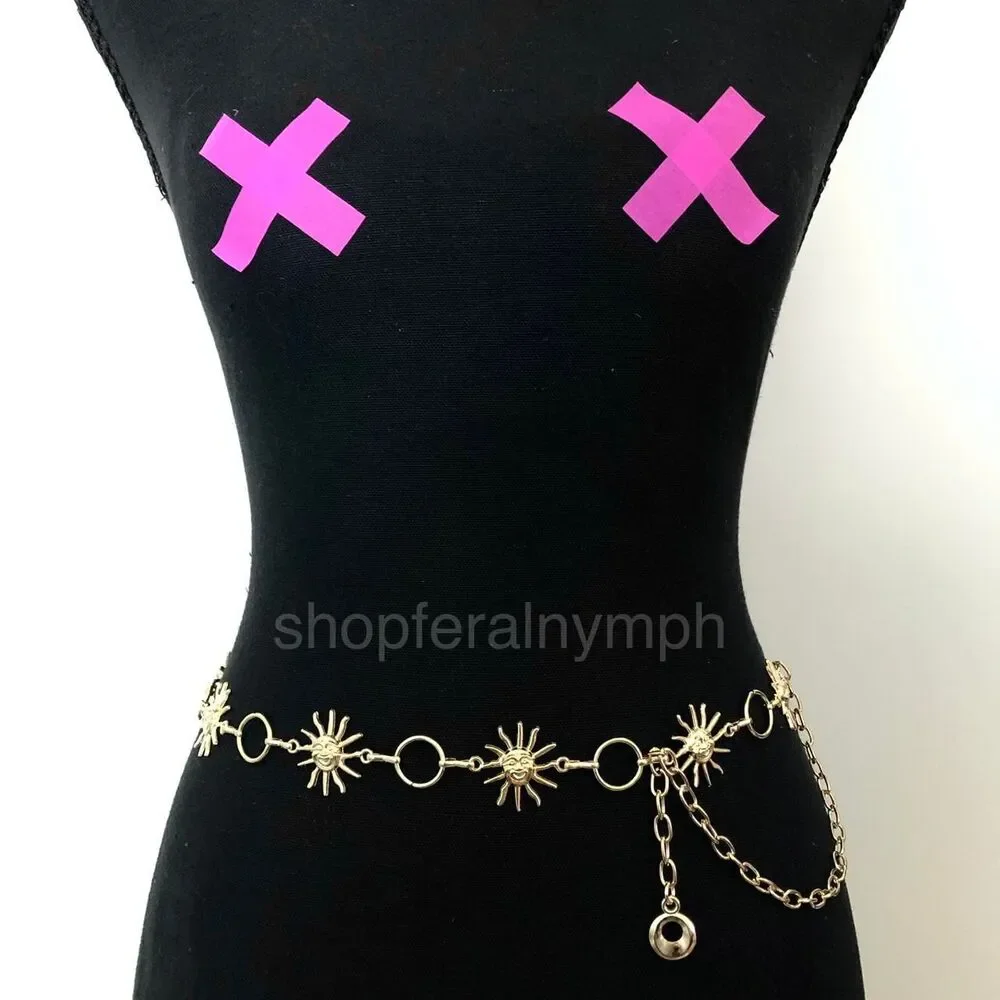 Y2K Celestial Gold-Tone Sun Face Chain Belt, Fits 23.5–38 Inches, X7GA1228